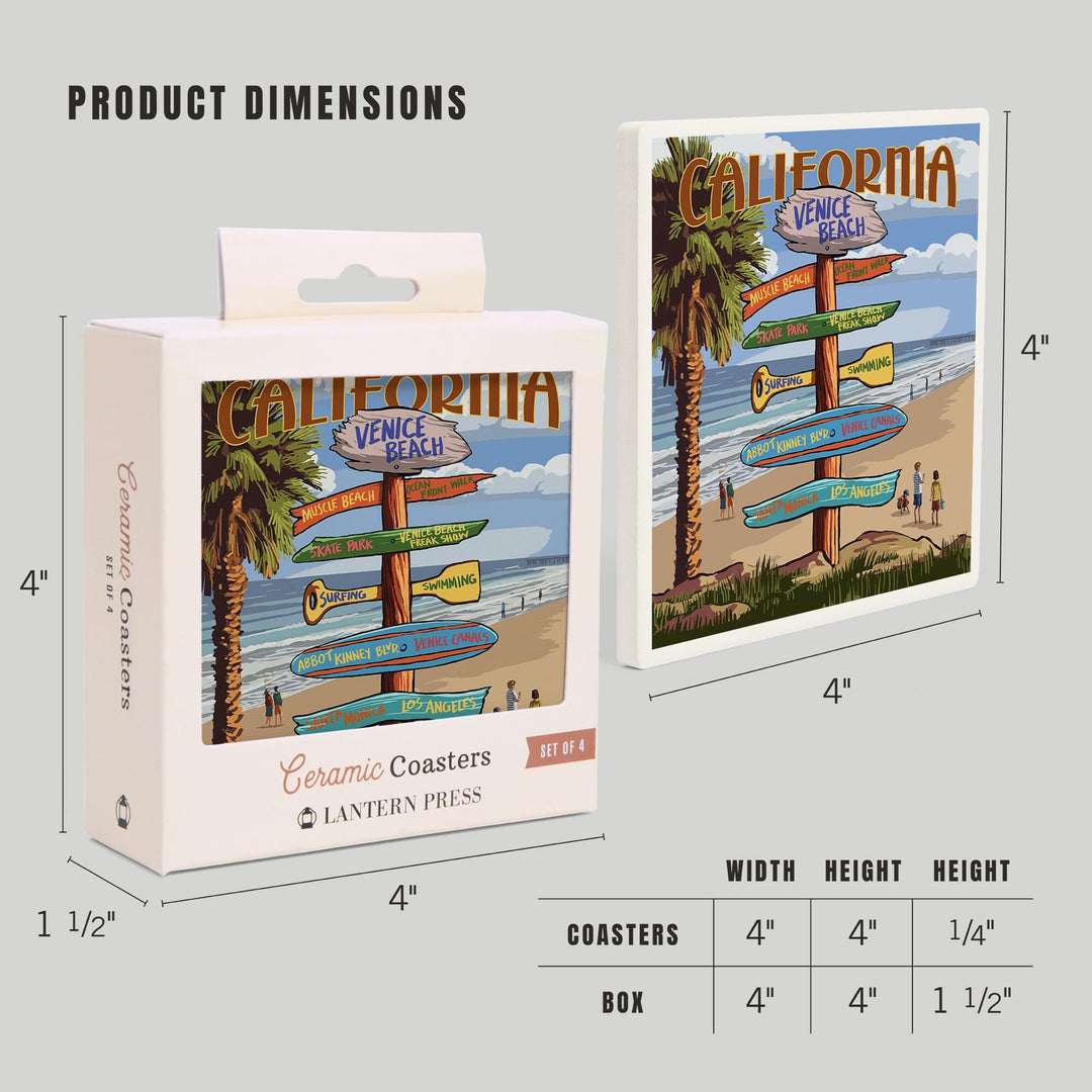 Venice Beach, California, Destinations Sign, Lantern Press Artwork, Coaster Set Coasters Lantern Press 