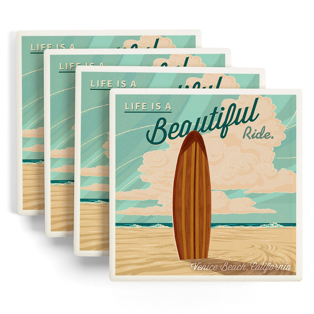 Venice Beach, California, Life is a Beautiful Ride, Surfboard, Lantern Press Artwork, Coaster Set Coasters Lantern Press 