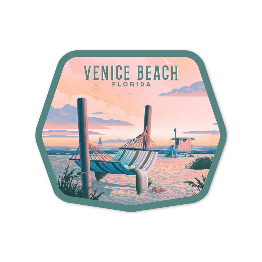 Venice Beach, Florida, Lithograph, Hammock On Beach, Contour, Vinyl Sticker Sticker Lantern Press 