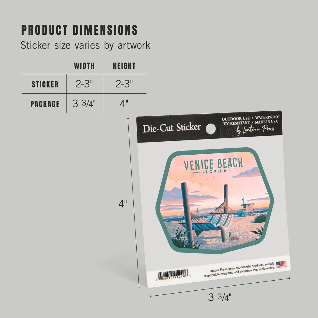 Venice Beach, Florida, Lithograph, Hammock On Beach, Contour, Vinyl Sticker Sticker Lantern Press 