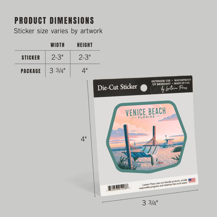 Venice Beach, Florida, Lithograph, Hammock On Beach, Contour, Vinyl Sticker Sticker Lantern Press 