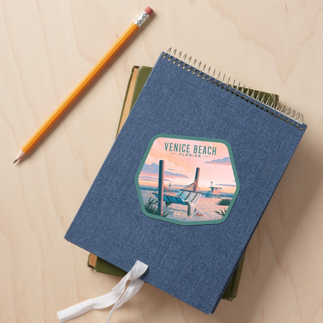 Venice Beach, Florida, Lithograph, Hammock On Beach, Contour, Vinyl Sticker Sticker Lantern Press 