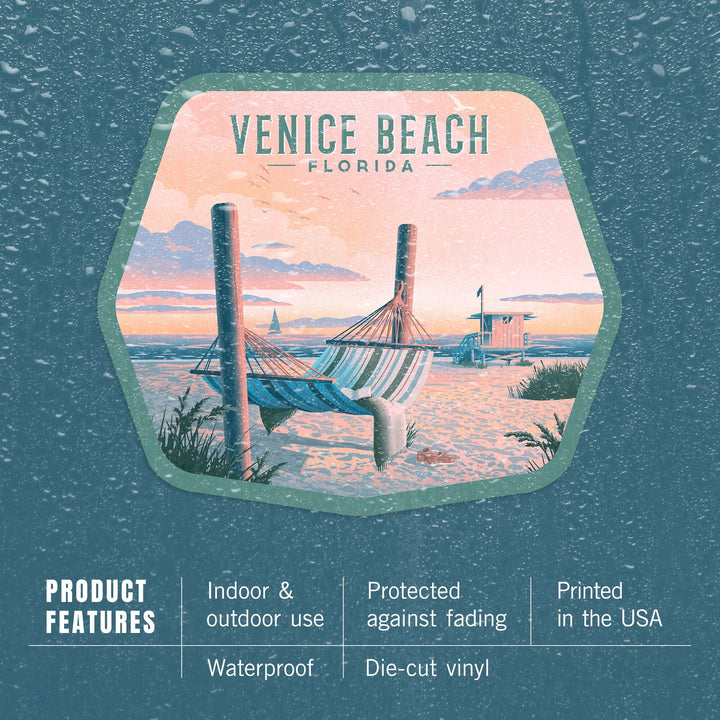 Venice Beach, Florida, Lithograph, Hammock On Beach, Contour, Vinyl Sticker Sticker Lantern Press 