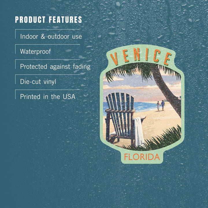 Venice, Florida, Adirondack Chair on the Beach, Contour, Vinyl Sticker Sticker Lantern Press 