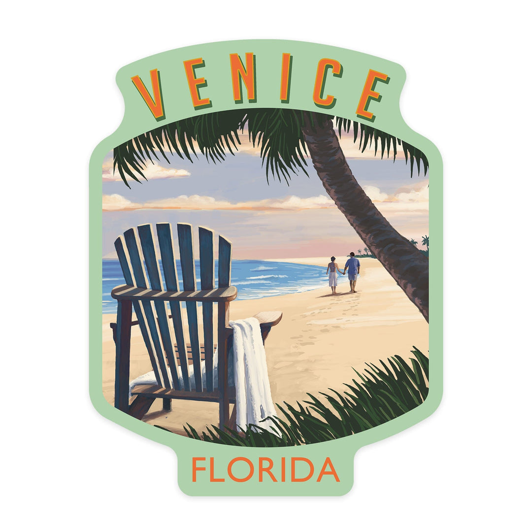 Venice, Florida, Adirondack Chair on the Beach, Contour, Vinyl Sticker Sticker Lantern Press 