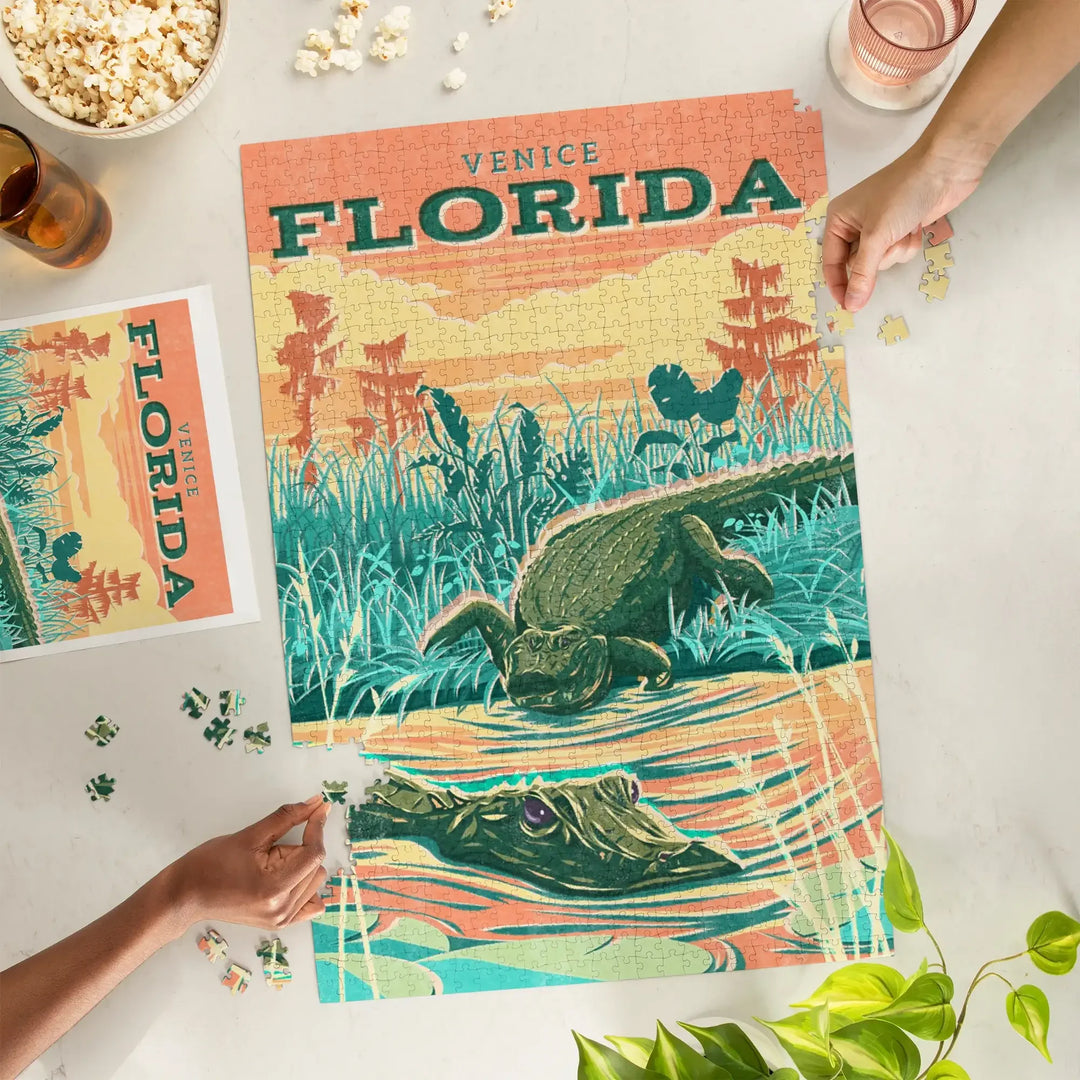 Venice, Florida, Alligator, Vintage Print Press, Jigsaw Puzzle Puzzle Lantern Press 