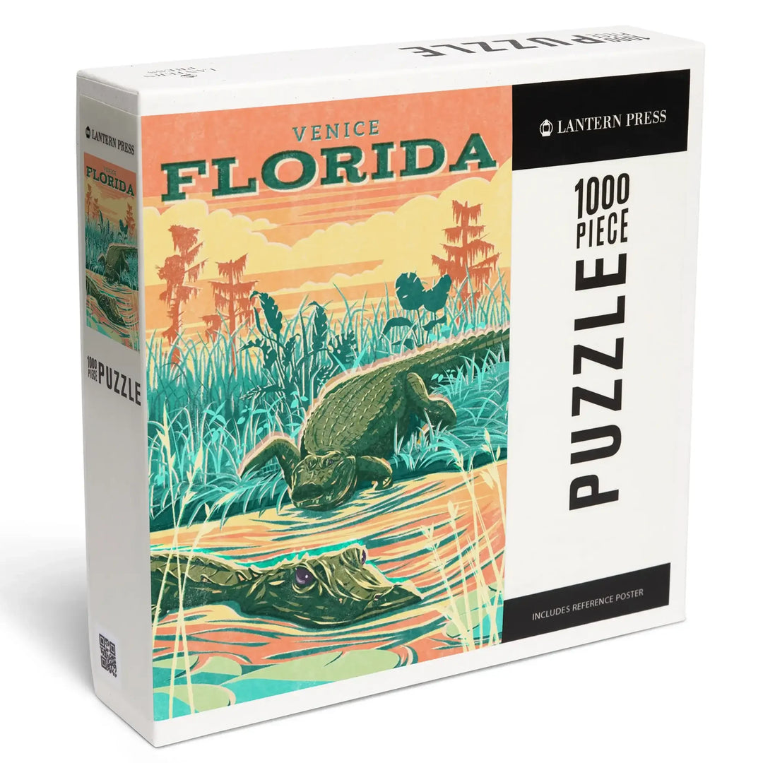 Venice, Florida, Alligator, Vintage Print Press, Jigsaw Puzzle Puzzle Lantern Press 