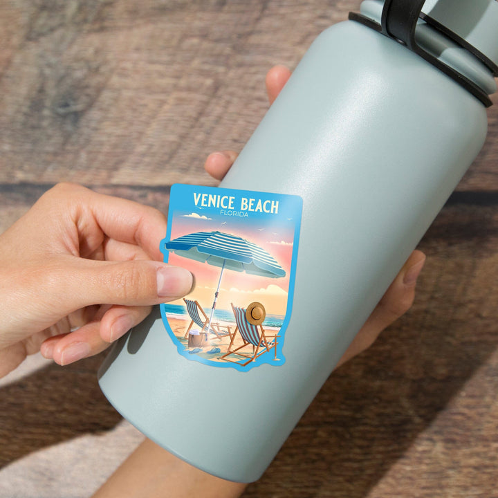 Venice, Florida, Beach Umbrella and Chair, Contour, Vinyl Sticker Sticker Lantern Press 