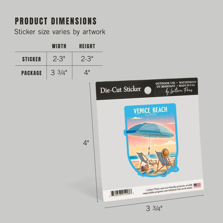 Venice, Florida, Beach Umbrella and Chair, Contour, Vinyl Sticker Sticker Lantern Press 