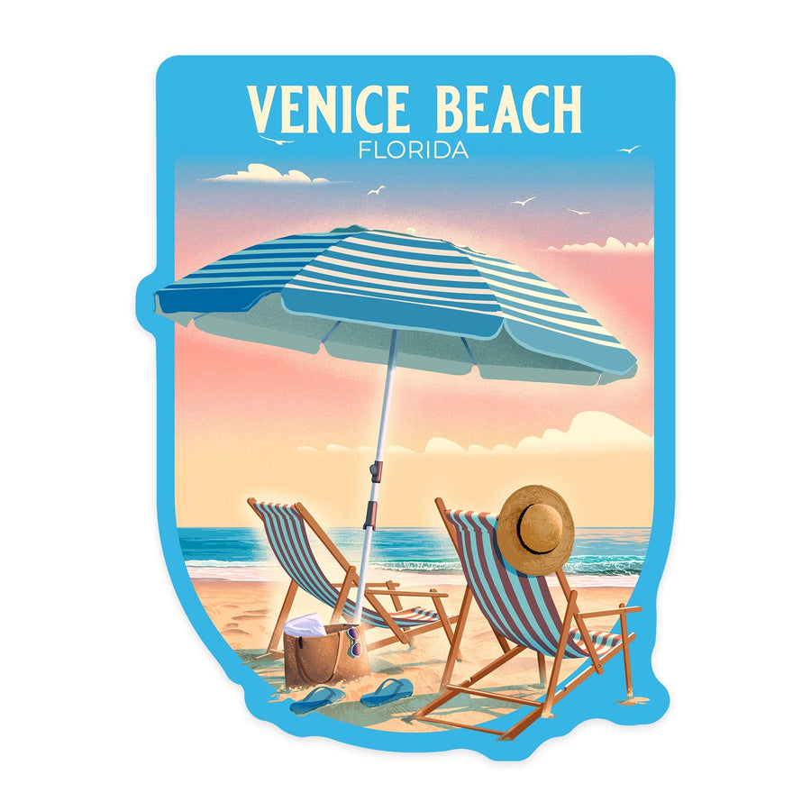 Venice, Florida, Beach Umbrella and Chair, Contour, Vinyl Sticker Sticker Lantern Press 