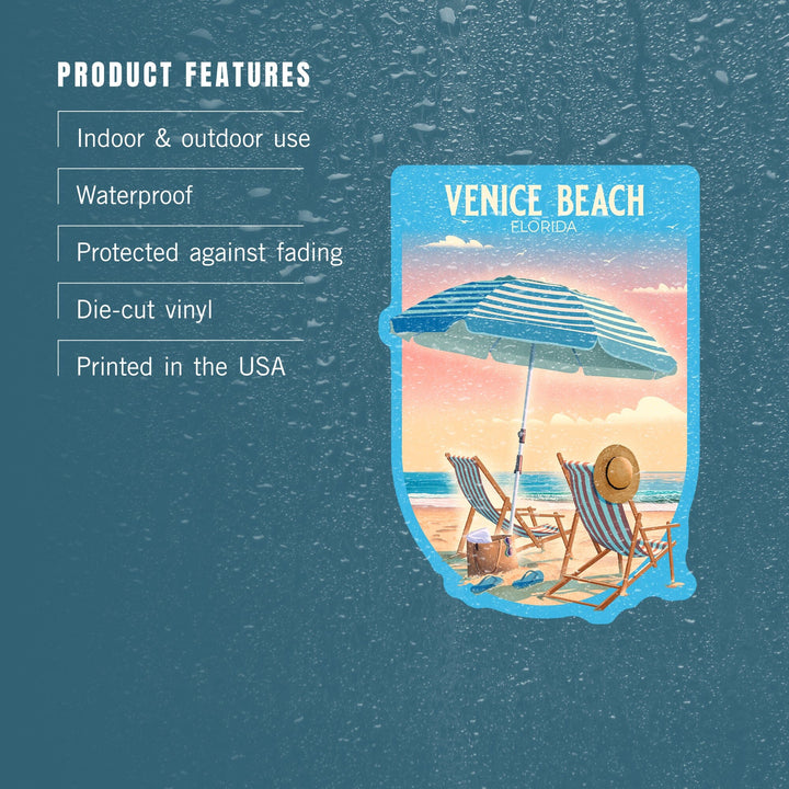 Venice, Florida, Beach Umbrella and Chair, Contour, Vinyl Sticker Sticker Lantern Press 
