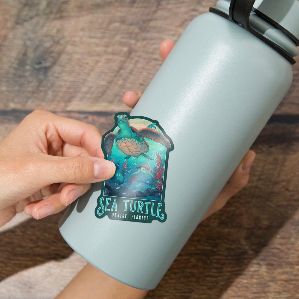 Venice, Florida, Fluid Linework, Sea Turtle, Contour, Vinyl Sticker Sticker Lantern Press 