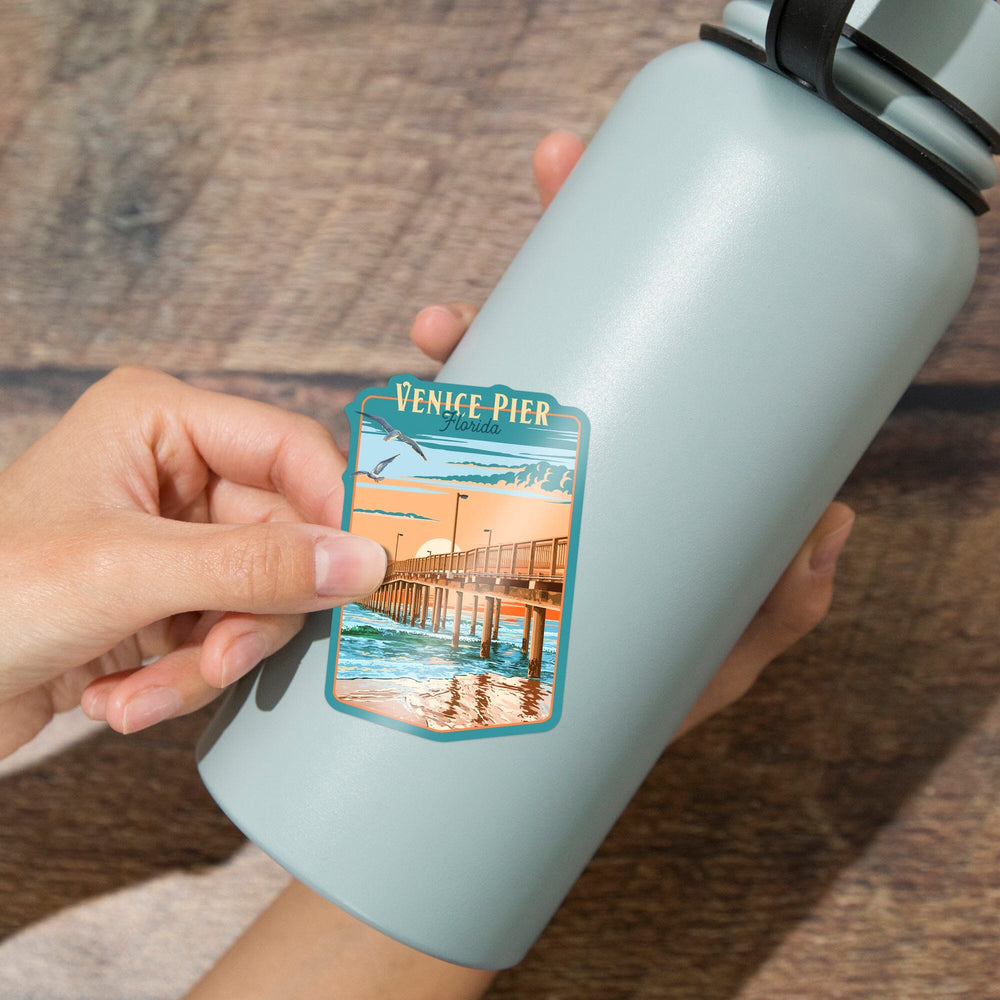 Venice, Florida, Painterly Pier, Contour, Vinyl Sticker Sticker Lantern Press 