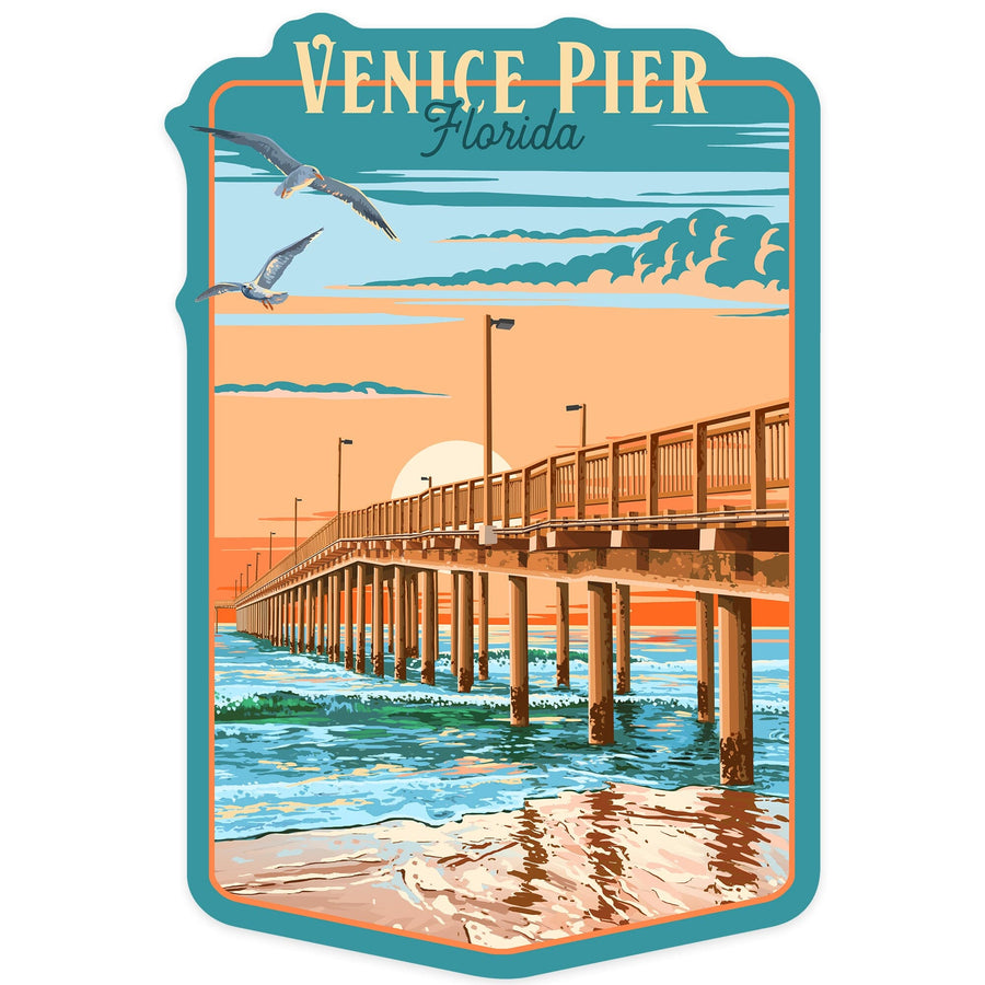 Venice, Florida, Painterly Pier, Contour, Vinyl Sticker Sticker Lantern Press 