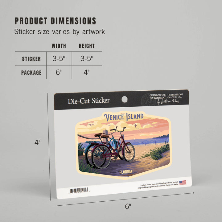 Venice Island, Florida, Painterly, Beach Bikes, Contour, Vinyl Sticker Sticker Lantern Press 
