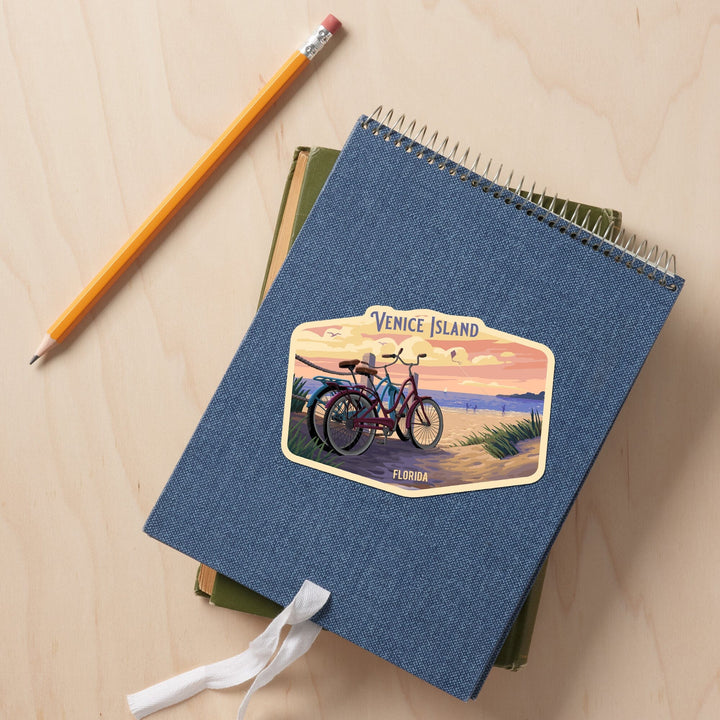 Venice Island, Florida, Painterly, Beach Bikes, Contour, Vinyl Sticker Sticker Lantern Press 