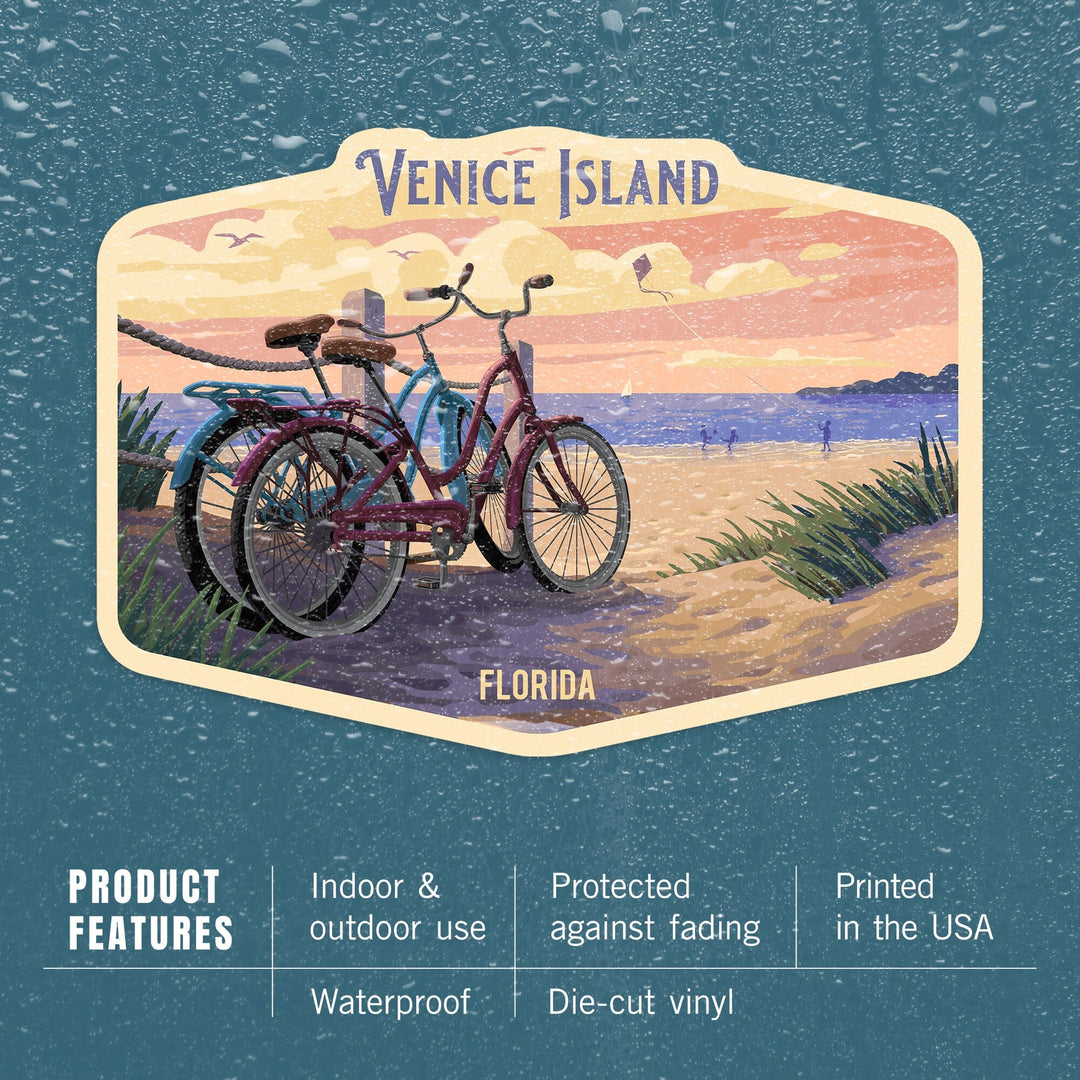 Venice Island, Florida, Painterly, Beach Bikes, Contour, Vinyl Sticker Sticker Lantern Press 