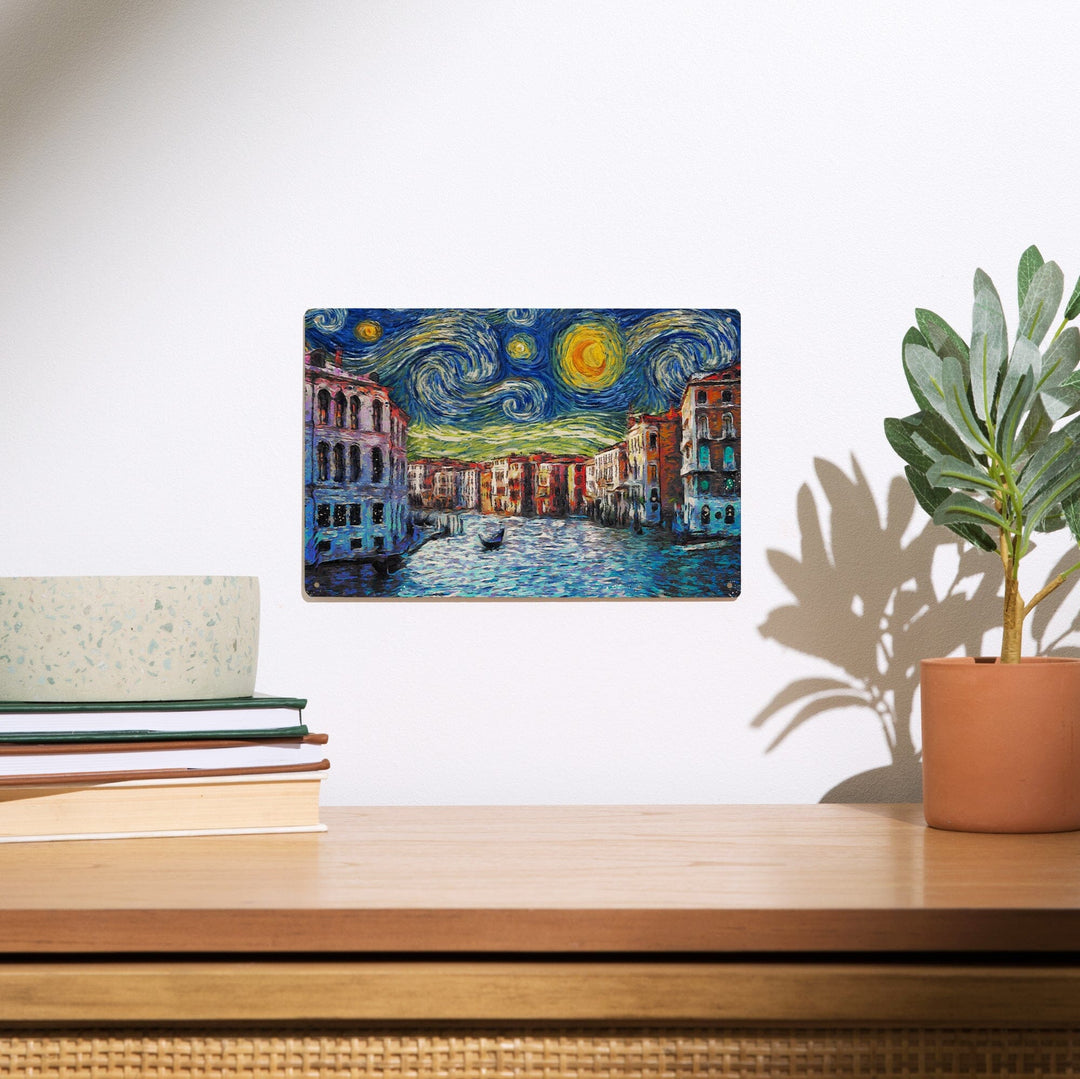 Venice, Italy, Starry Night, Van Gogh, Lantern Press Artwork, Wood Signs and Postcards Wood Lantern Press 