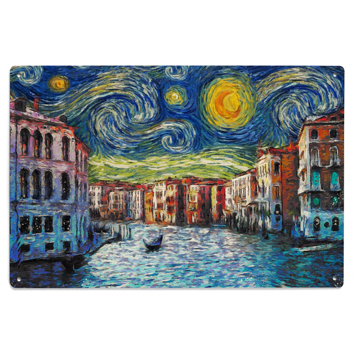 Venice, Italy, Starry Night, Van Gogh, Lantern Press Artwork, Wood Signs and Postcards Wood Lantern Press 