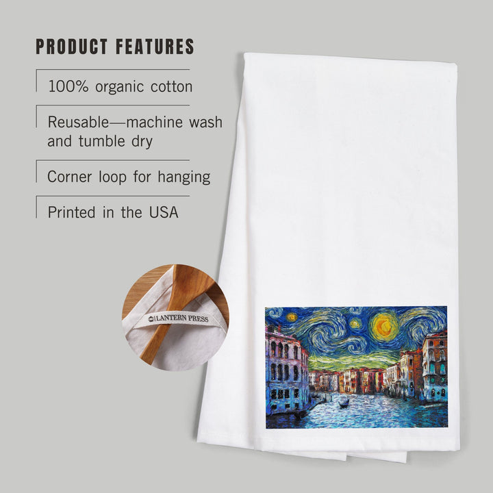 Venice, Italy, Starry Night, Van Gogh, Organic Cotton Kitchen Tea Towels Kitchen Lantern Press 