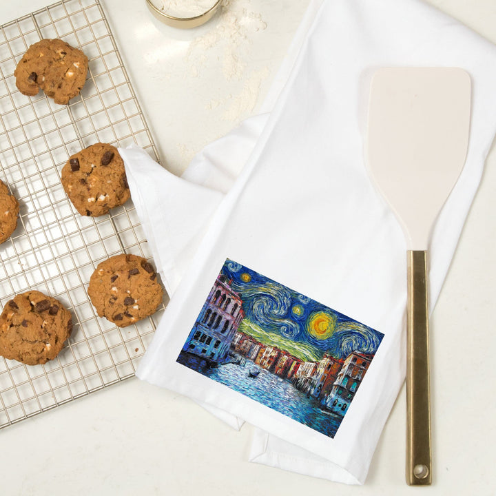 Venice, Italy, Starry Night, Van Gogh, Organic Cotton Kitchen Tea Towels Kitchen Lantern Press 