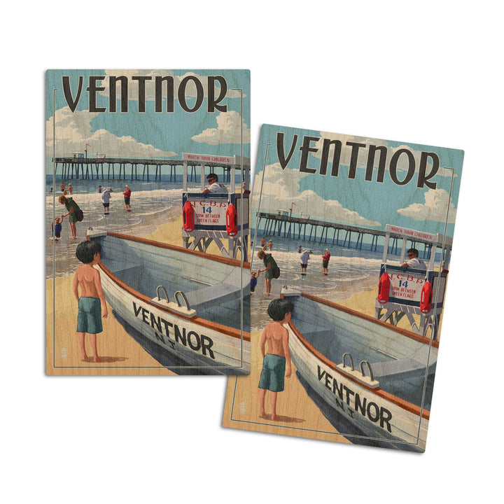 Ventnor, New Jersey, Lifeguard Stand, Lantern Press Artwork, Wood Signs and Postcards Wood Lantern Press 4x6 Wood Postcard Set 