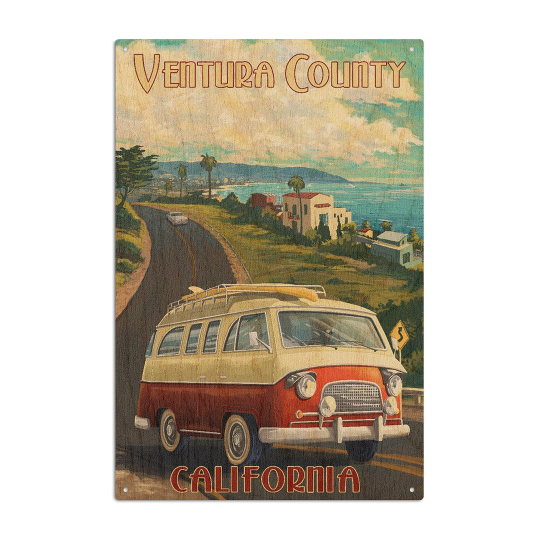 Ventura, California, Camper Van, Lantern Press Artwork, Wood Signs and Postcards Wood Lantern Press 10 x 15 Wood Sign 