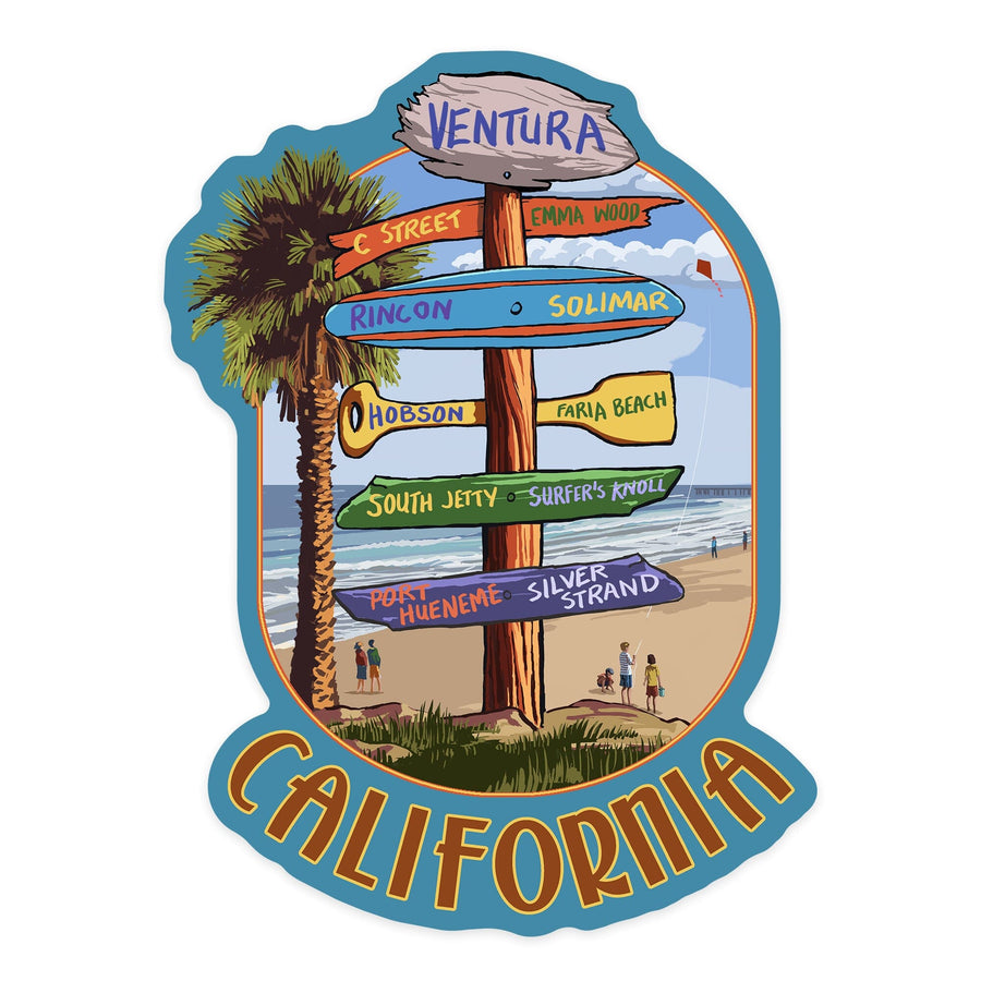 Ventura, California, Destination Sign, Kids with Kite, Contour, Lantern Press Artwork, Vinyl Sticker Sticker Lantern Press 