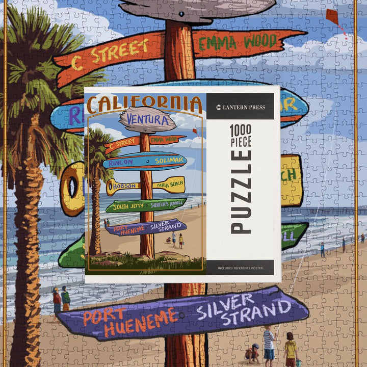 Ventura, California, Destination Sign, Kids with Kite, Jigsaw Puzzle Puzzle Lantern Press 