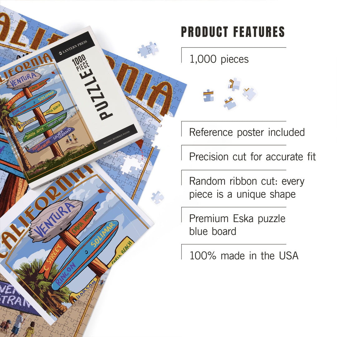 Ventura, California, Destination Sign, Kids with Kite, Jigsaw Puzzle Puzzle Lantern Press 
