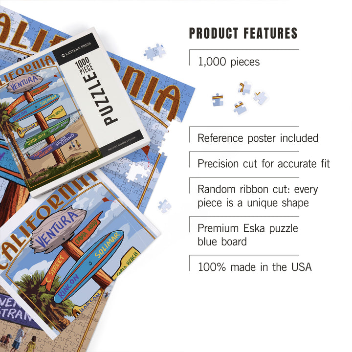Ventura, California, Destination Sign, Kids with Kite, Jigsaw Puzzle Puzzle Lantern Press 