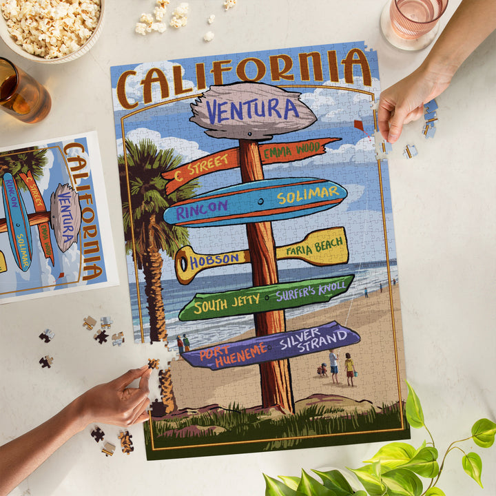 Ventura, California, Destination Sign, Kids with Kite, Jigsaw Puzzle Puzzle Lantern Press 
