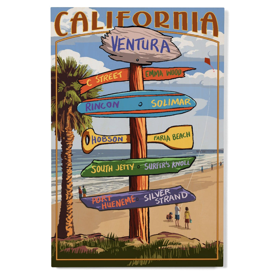 Ventura, California, Destination Sign, Kids with Kite, Lantern Press Artwork, Wood Signs and Postcards Wood Lantern Press 