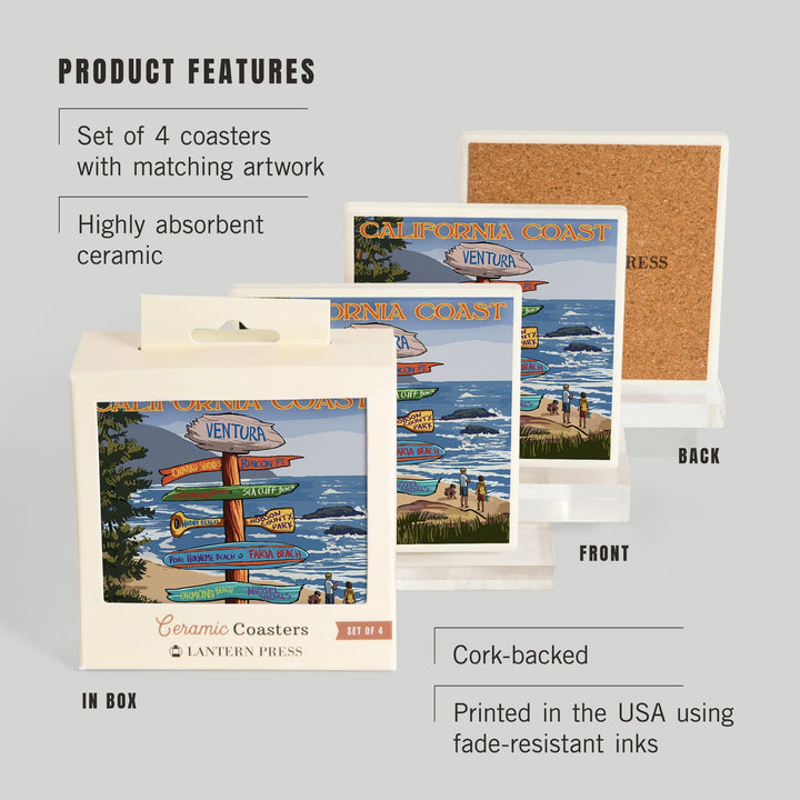 Ventura, California, Destinations Sign, Coasters Coasters Lantern Press 