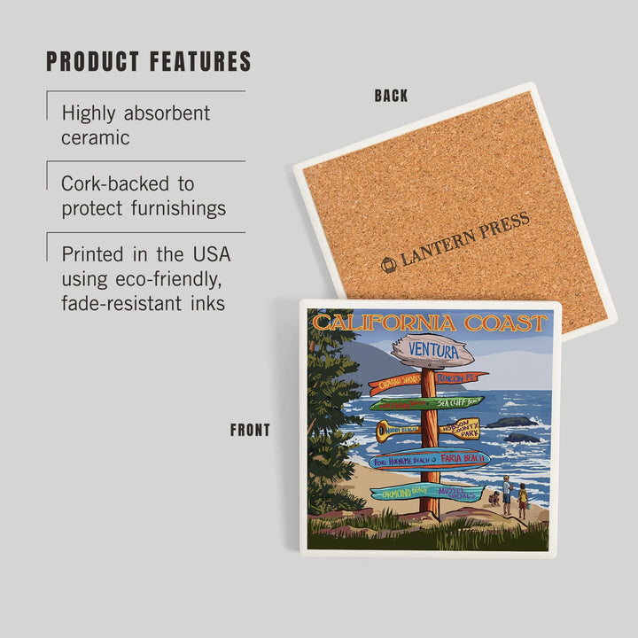 Ventura, California, Destinations Sign, Coasters Coasters Lantern Press 