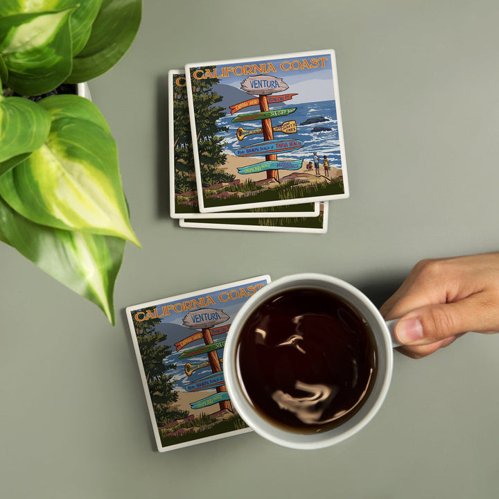 Ventura, California, Destinations Sign, Coasters Coasters Lantern Press 