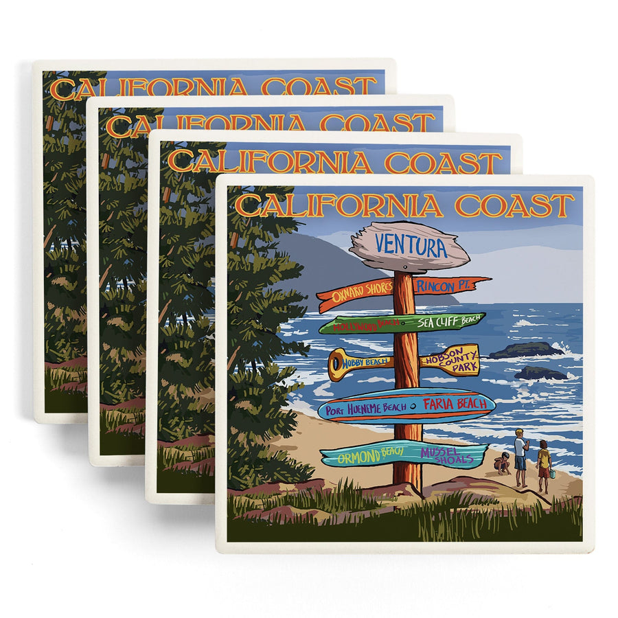 Ventura, California, Destinations Sign, Lantern Press Artwork, Coaster Set Coasters Lantern Press 