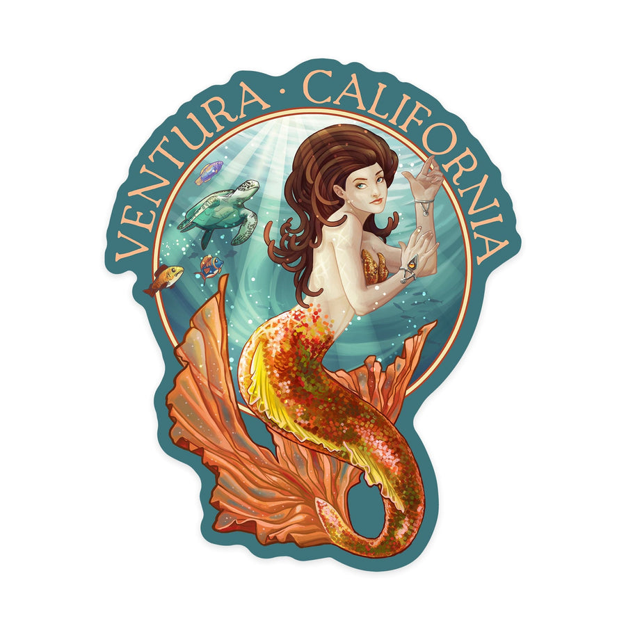 Ventura, California, Mermaid, Contour, Lantern Press Artwork, Vinyl Sticker Sticker Lantern Press 