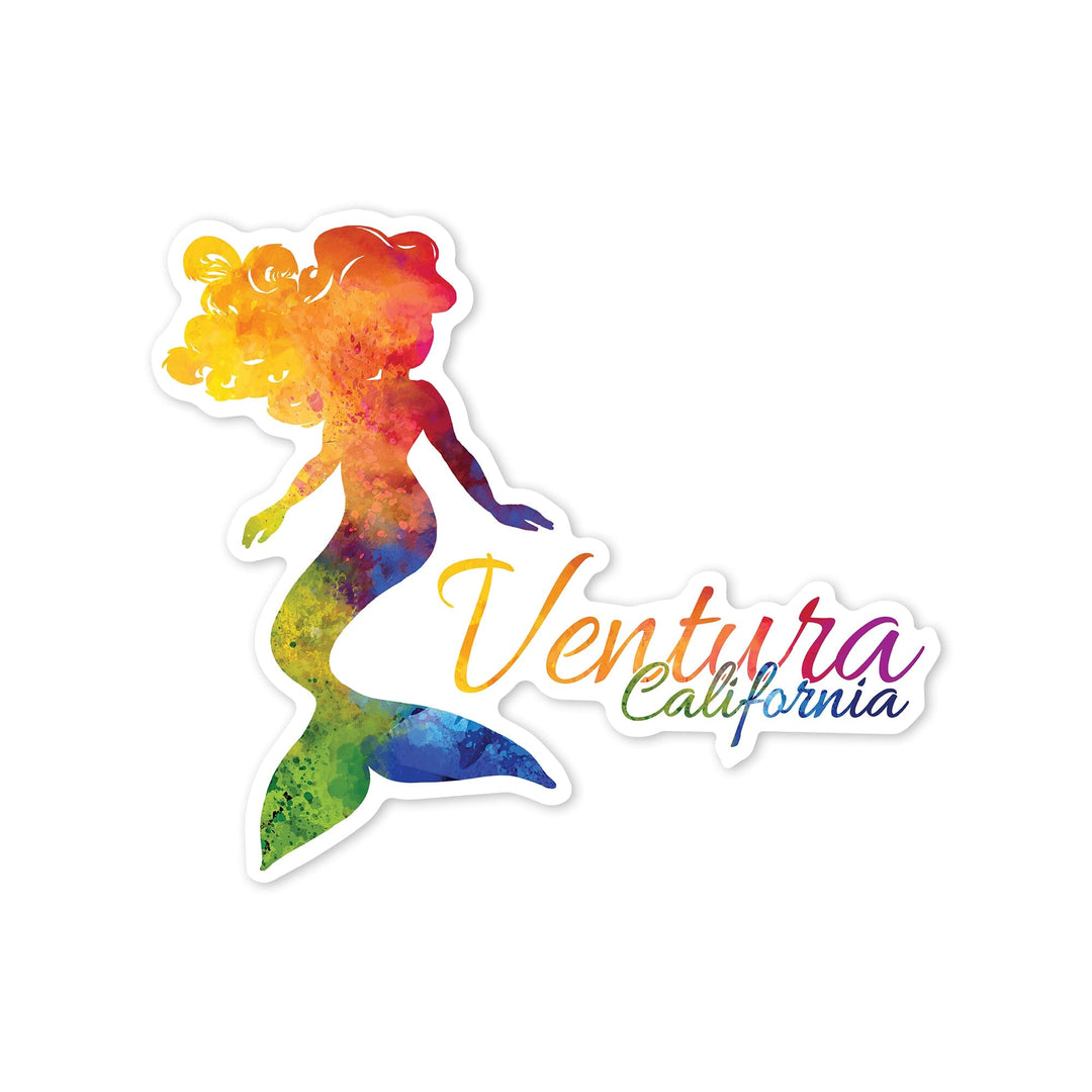 Ventura, California, Mermaid Silhouette, Rainbow, Watercolor, Contour, Lantern Press Artwork, Vinyl Sticker Sticker Lantern Press 
