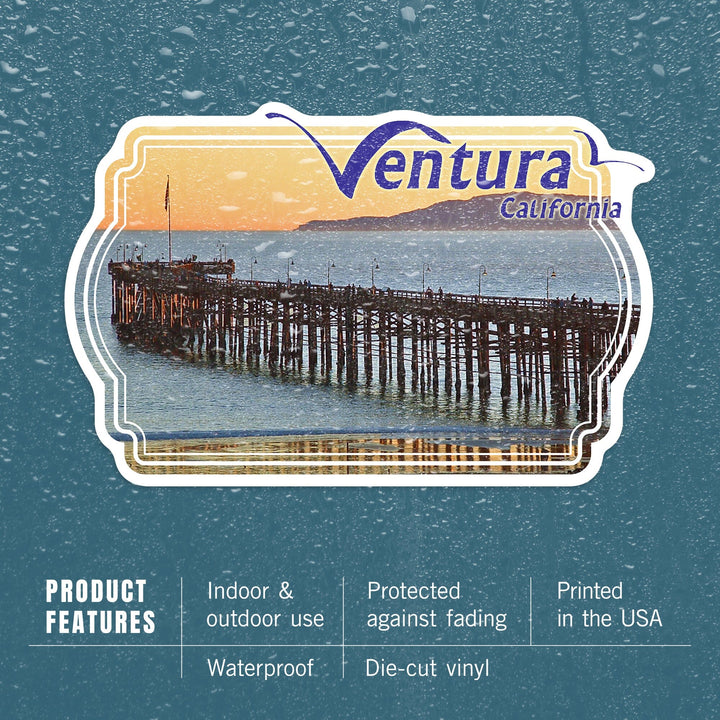 Ventura, California, Ocean and Pier, Contour, Photograph, Vinyl Sticker Sticker Lantern Press 