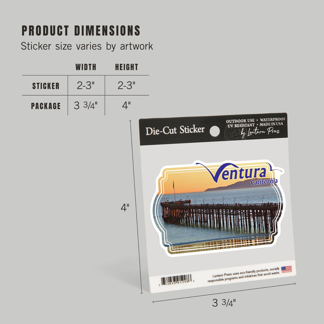 Ventura, California, Ocean and Pier, Contour, Photograph, Vinyl Sticker Sticker Lantern Press 