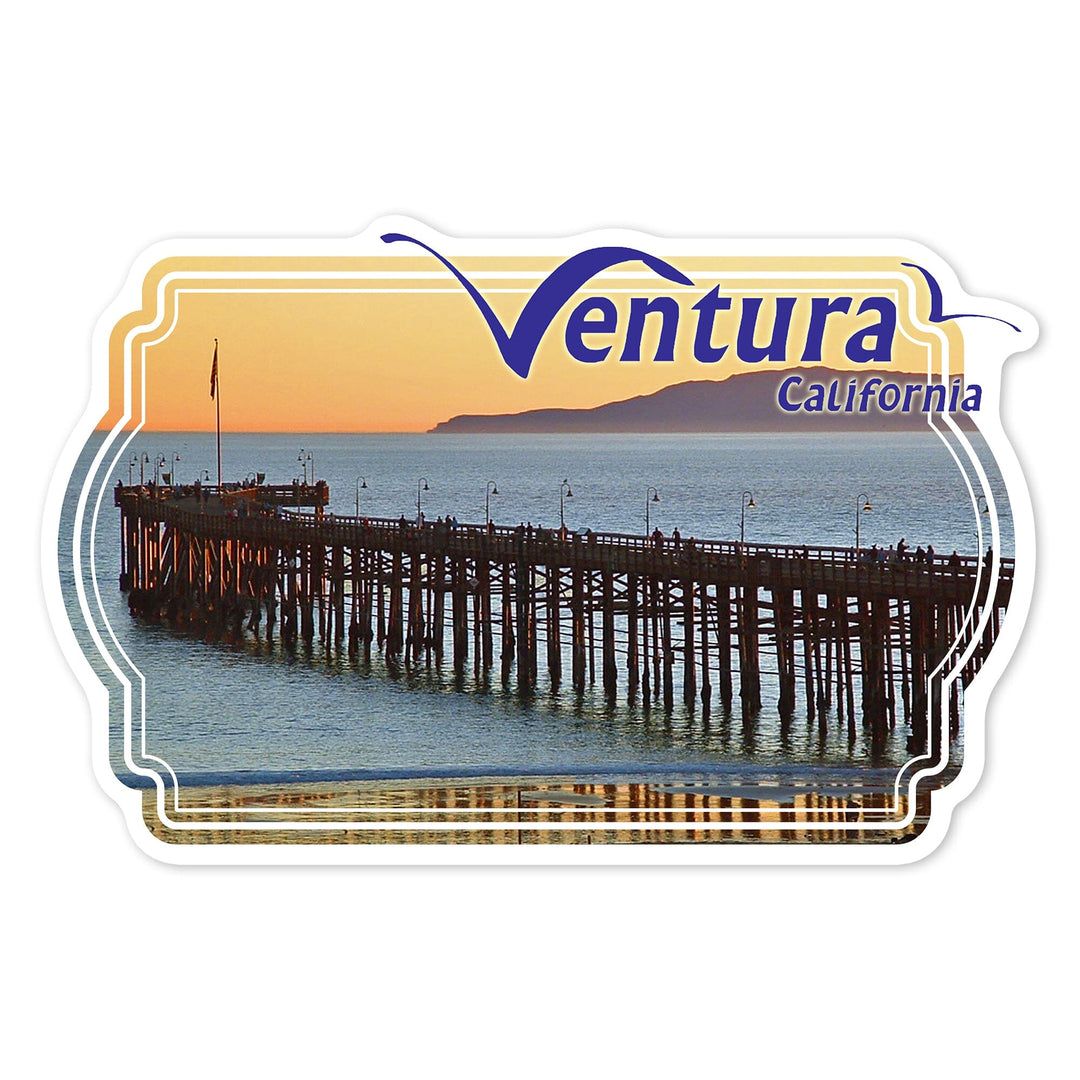 Ventura, California, Ocean and Pier, Contour, Photograph, Vinyl Sticker Sticker Lantern Press 