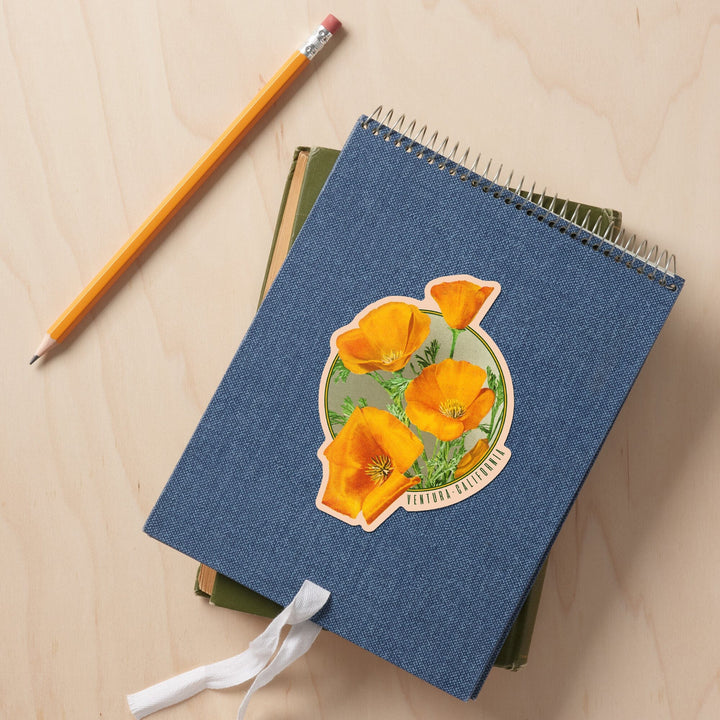 Ventura, California, Poppy Flowers, Contour, Vinyl Sticker Sticker Lantern Press 