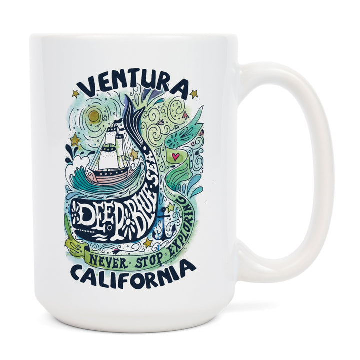 Ventura, California, Watercolor Whale, Deep Blue Sea, Nautical Art, Contour, Lantern Press Artwork, Ceramic Mug Mugs Lantern Press 