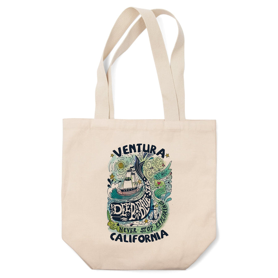 Ventura, California, Watercolor Whale, Deep Blue Sea, Nautical Art, Contour, Lantern Press Artwork, Tote Bag Totes Lantern Press 