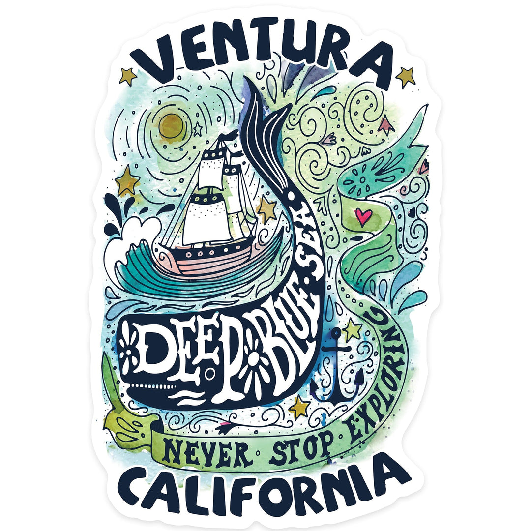 Ventura, California, Watercolor Whale, Deep Blue Sea, Nautical Art, Contour, Lantern Press Artwork, Vinyl Sticker Sticker Lantern Press 