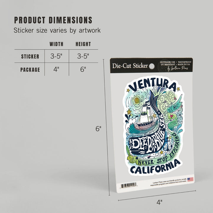 Ventura, California, Watercolor Whale, Deep Blue Sea, Nautical Art, Contour, Lantern Press Artwork, Vinyl Sticker Sticker Lantern Press 