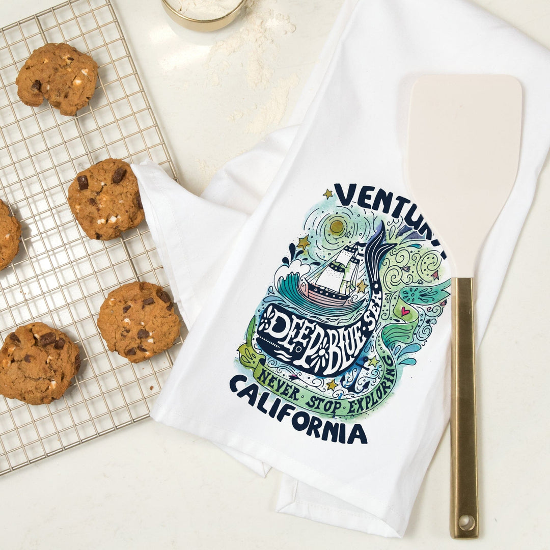 Ventura, California, Watercolor Whale, Deep Blue Sea, Nautical Art, Contour, Organic Cotton Kitchen Tea Towels Kitchen Lantern Press 