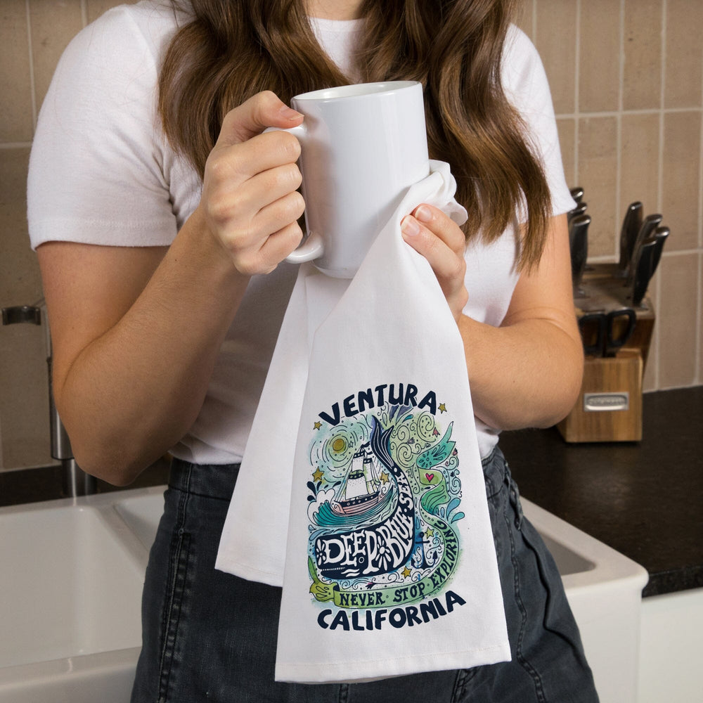 Ventura, California, Watercolor Whale, Deep Blue Sea, Nautical Art, Contour, Organic Cotton Kitchen Tea Towels Kitchen Lantern Press 