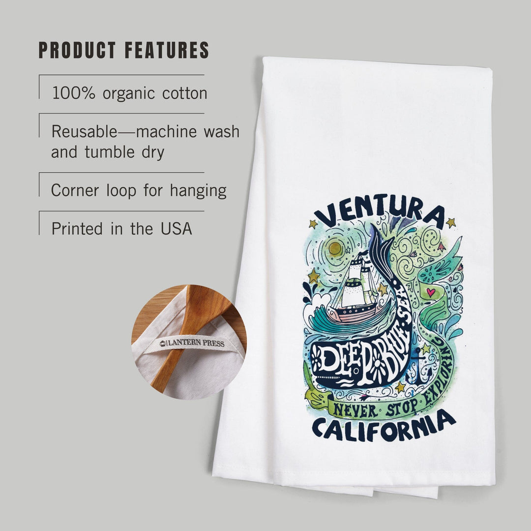 Ventura, California, Watercolor Whale, Deep Blue Sea, Nautical Art, Contour, Organic Cotton Kitchen Tea Towels Kitchen Lantern Press 